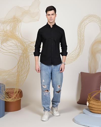 Image of Majestic Man Classic Slim Fit Solid Cotton Casual Shirt with Button-Down Collar