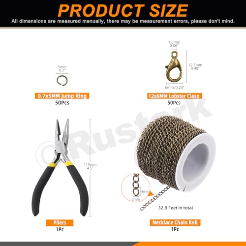 Rustark 102 peças, kit de correntes de bronze para fabricação de joias de 4 mm, 80 metros, colar fin