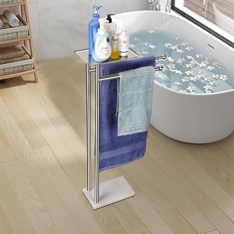 Sfemn Standing Towel Rack with Tray at The Top, Freestanding Bath Towel Holder with Extendable Rods, Heavy Marble Base Towel Holder Stand for Bathroom, Stainless Steel (Brushed Nickel) Cover