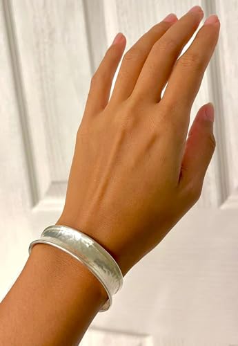 Hammered Sterling Silver Handmade 1/2 inches Wide Cuff Bracelet, Minimalist Shiny Silver Slight Concave and Framed Edges, Gift for Her3