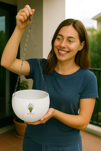 Image of Hanging Flower Pots with Chain - Set of 4 | Eco-Friendly White Plastic Planters for Balcony, Indoor & Outdoor Use | Round Ribbed Design (White, 4 Pieces)