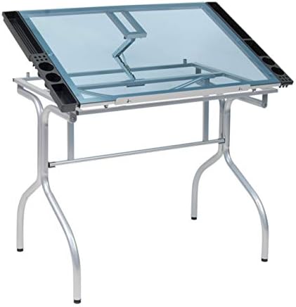 Studio Designs Folding Modern Glass Top Adjustable Drafting Table Craft Table Drawing Desk Hobby Table Writing Desk Studio Desk, 35.25" W x 23.75" D, Silver / Blue Glass