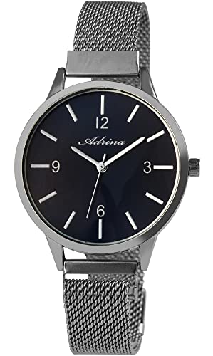 Adrina Damen-Uhr Meshband Edelstahl Magnetverschluß Quarz Analog 1300023 (silberfarbig dunkelblau)