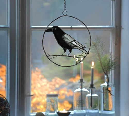 Lolitarcrafts Raven Stained Glass Window Hangings,Crow Decoration for Halloween,Birds Sun Catchers Hangings for Home, Office, Kitchen,Living Room - 2