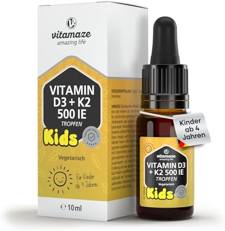 Vitamaze D3+K2 Vitamin Tropfen für Kinder, 500 IE D3 + 25µg K2 pro Tropfen, Nur 1 Tropfen täglich, 10 Monate Vorrat, MCT-Öl, Mit Pipette optimale Dosierung für Kinder, Made in Germ