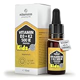 Vitamin D3+K2 Tropfen für Kinder, 500 IE D3 + 25µg K2 pro Tropfen, Nur 1 Tropfen täglich, 10 Monate Vorrat, MCT-Öl, Mit Pipette - optimale Dosierung für Kinder, Made in Germany