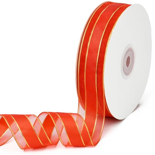 CABODYALS 50 Yards 1 Inch Red and Gold Organza Ribbon Christmas Ribbon Golden Edge Organza Sheer Transparent Chiffon Wrapping Ribbons Trim for Wrapping Gift Making Craft Dress Wreaths Decor Supplies