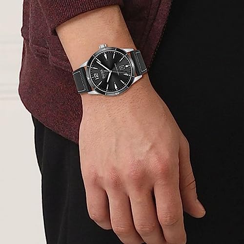 Image of BOSS Hugo Leather Drifter Analog Men's Watch - 1570125 (Black Dial Black Colored Strap)