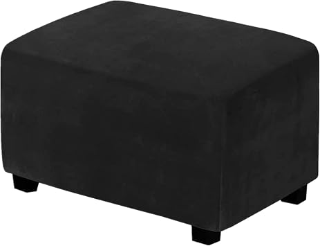 Real Velvet Ottoman Slipcover - 1 Piece Stretch Rectangle Footstool Cover, Plush Form-Fit Storage Bench Protector with Elastic Bottom, Machine Washable Black, Large