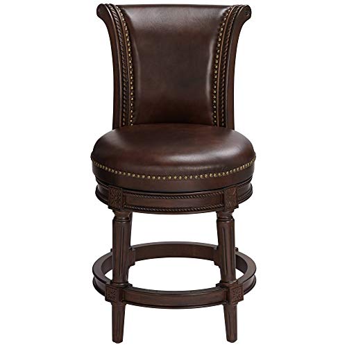 55 Downing Street Addison Walnut Wood Swivel Bar Stool Brown 26" High Traditional Scroll Mocha Grain Leather Upholstered Round Cushion With Backrest Footrest For Kitchen Counter Island Home #TOP5