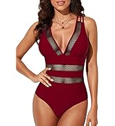 EVALESS Womens Sexy Mesh V Neck One Piece Swimsuits Tummy Control High Waisted Bathing Suits Cros...
