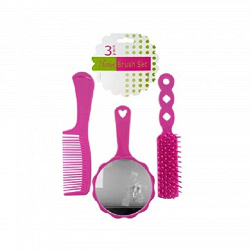 Girls 3 Piece Pink Hair Brush Set - Plastic Brush, Comb, and Mirror - Perfect for Dress up Fun