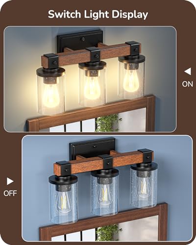 Image of EDISHINE 3-Light Painted Wood Farmhouse Vanity Light, Bubble Glass Shade | Up & Down Reversible Mounting, E26 Base, Industrial Farmhouse Design, Wall Sconces Lamp for Bedroom, Powder Room