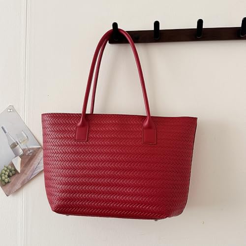 Women Casual Woven Tote Handbag with Pendant PU Leather Work Shoulder Bag (Red)4