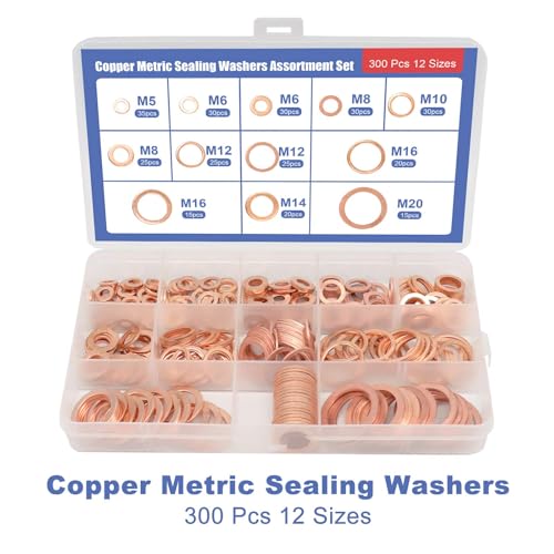 Pixelure Kupferringe Sortiment, 300pcs Kupferdichtringe Sortiment Massive Kupferscheiben Kupfer Metrische Dichtungsscheiben Kit Hardware-Befestigungselement Geeignet für Kraftstoffzubehör (M5-M20)