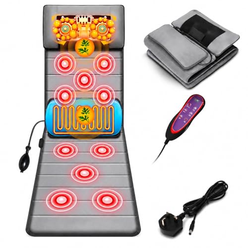 Kortemora Electric Massage Mat with Heat Full Body Vibrating Massage Mattress Foldable Shiatsu Massage Cushion with Neck Kneading Waist Airbag Support & 9 Modes for Back Legs Waist Relaxation Grey