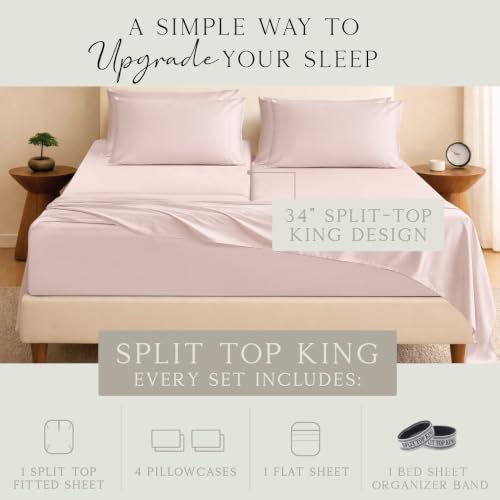 Image of KARISSA MAE 6 Piece Luxury Bamboo Viscose 34 inch Split Top King Size Sheet Set | Single 34 inch Split Fitted Sheet | Sleep Number & Adjustable Bed | Cooling | 18 inch Deep Pocket | 4 Pillowcases [Pink Peony]
