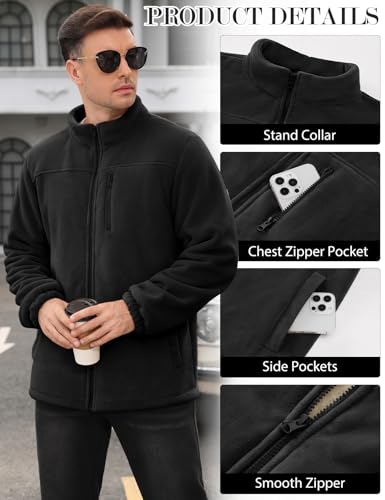 Voqeen Herren Fleecejacke Warme Winter Outdoor Strickjacke mit Reißverschluss Dicke Fleece Jacken mit Taschen Arbeitsjacke für Männer Wintermantel Stand Kragen