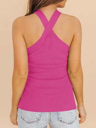 Womens Criss Cross Halter Sweater Vest Tops Summer Sleeveless Pullover Casual Lightweight V Neck Knit Tank Top Rose — view 5