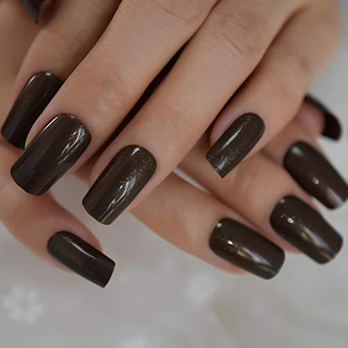 TJJF Falsche Nägel Glänzende Faux Ongles Braun Mittellang Quadratisches UV-Gel Abs Falsche Nägel Mit Schimmer Innen 24…