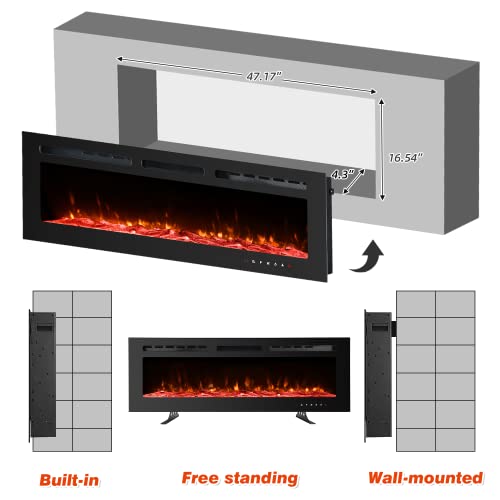 Erommy 50 In Electric Fireplace Insert,Recessed And Wall Mounted Fireplace With Timer, Free Standing, Remote Control, Touch Screen, Overheating Protection, Log&Crystal, 12 Adjustable Flame, 750/1500W #TOP7