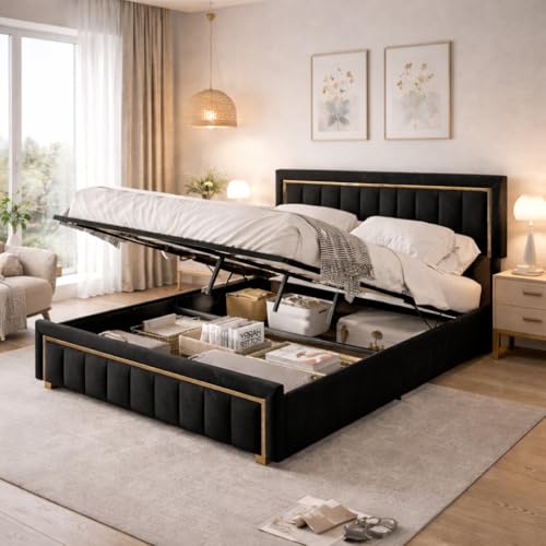 MIOOSUT Cama de Matrimonio 160x200 cm con Canapé Abatible, Cama Tapizada de Terciopelo con Gran Espacio de Almacenamiento, Cabecero y Pie de Cama Acolchados, sin Colchón, Negro