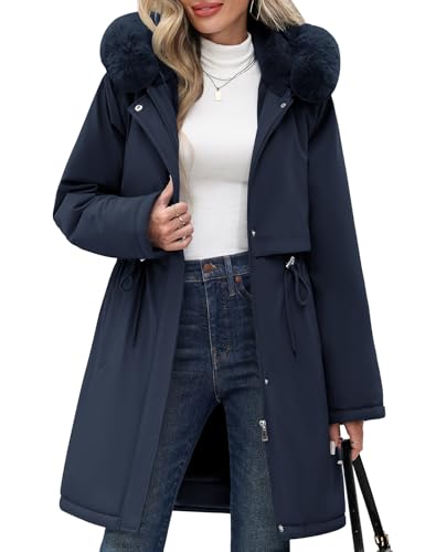 RITOSTA Manteau Femme Hiver Veste Polaire Chaud Manteaux à Capuche Chic Parka Epaisse Blouson Mi Longue Casual Outdoor Outercoat avec Zippé(Marine,L)