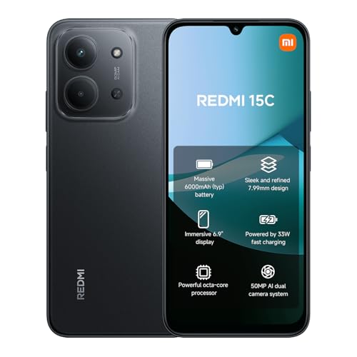 XIAOMI Redmi 15C, AU Version, Smartphone 128GB, 6.9" 120Hz Display 7.99mm Design, MediaTek Helio G81-Ultra Octa-core, 50MP AI Dual Camera, 6000mAh, Black, Charger Not Included