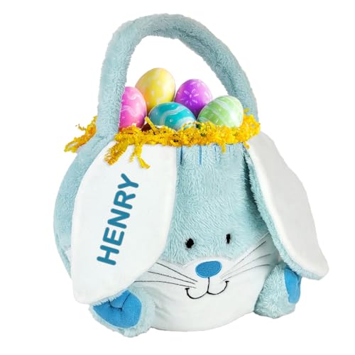 GiftsForYouNow Embroidered Plush Blue Bunny Personalized Easter Basket for Little Boys, Easter Egg Hunt Tote, Perfect for Toys and Candy, 10