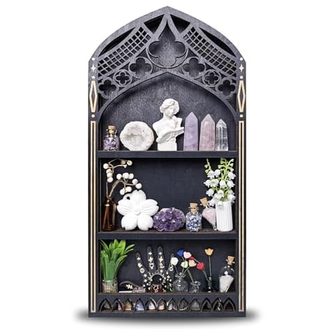 Gothic Window Crystal Shelf Display for Wall, Wooden Gem Stone Rock Storage Holder Trinkets Organizer, Wall Mount Stand Case Box for Witch Wiccan Decor, Spiritual Gift for Home Bedroom Living Room Cover