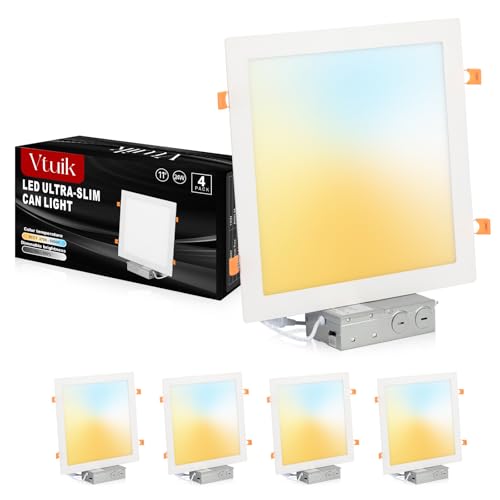 Vtuik 4 Pack 11 Inch Square LED Recessed Ceiling Light 5CCT 2700K - 5000K for Kitchen Retrofit, Ultra Thin Canless Wafer Downlight Damp Rated for Bathroom, 24W Dimmable 1920LM for Basement ETL FCC