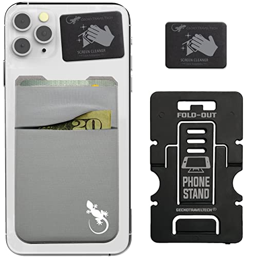 Image of Gecko Travel Tech Double Pocket - Adhesive Card Holder - Cell Phone Pouch - Stick on Lycra Pocket - Carry Credit Cards and Cash - Gray-White