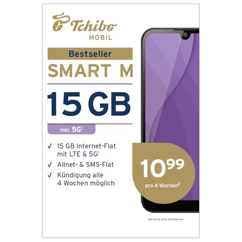 Tchibo MOBIL Smart M SIM-Karte | 15 GB Datenvolumen + Allnet- & SMS-Flat | Surfen mit LTE/5G | Nur 10,99 € alle 4 Wochen | Ohne Lange Vertragsbindung | EU-weites Roaming Tchibo MOBIL Smart M SIM-Karte | 15 GB Datenvolumen + Allnet- & SMS-Flat | Surfen mit LTE/5G | Nur 10,99 € alle 4 Wochen | Ohne Lange Vertragsbindung | EU-weites Roaming