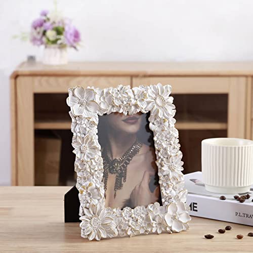 Ujonge 4X6 Picture Frame With Easel, White Floral Textured Hand-Crafted Resin Wedding Frame For Table Top Display And Wall Hanging Home Decor, Photo Gallery, Art #TOP2