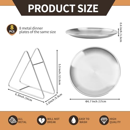 No Name No Seal 8-piece 6.5-inch appetizer plate with stand set Gold silver stainless steel round plates Suitable for cakes desserts, salads, dips, snacks, side dishes (Silver, 7.8inch)