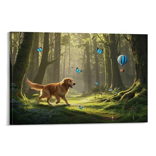 Tableau Retriever golden Chasing Butterflies Peinture Toile Déco Chambre Enfant