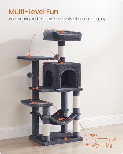 Image of Feandrea Cat Tree, 44.1-Inch Cat Tower, Plush Multi-Level Condo with 4 Scratching Posts, 2 Perches, Hammock, Cave, Smoky Gray UPCT261G01