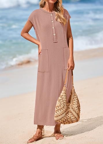 Image of KIRUNDO Womens Summer Ribbed Knit Short Sleeve Maxi Dress | 2026 Spring Henley Button Up Knitted Tshirt Dress, Loose Beach Vacation Sundress, Teacher Dress, Loose Fit Nursing Friendly