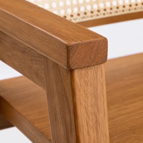 Image of Solid Sheesham Wood Dining Chair with Cane Backrest | Modern Wooden Arm Chair for Dining Room, Living Room & Cafe | Handcrafted Rattan Accent Chair | Natural Finish