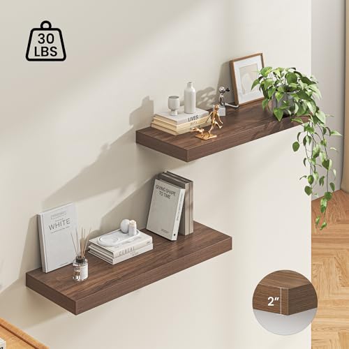 Image of Dreamland 36 inch Floating Shelves for Wall, 12 inch Deep Thicker Walnut Floating Shelves, Wall-Mounted Shelves for Bedroom, Living Room, Kitchen, Bathroom - Set of 2