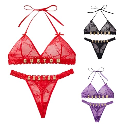 Cainor Conjunto de sujetador tanga sexy personalizado para mujer,Conjunto de lencería personalizado para mujer con nombre o monograma impreso a mano diamantes en relieve, rojo, XL