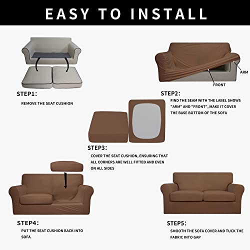 Image of Easy-Going Waterproof 3-Piece Oversized Loveseat Couch Covers for Sofa | 3-Piece Set Spandex Sofa Cover Slipcover Elastic Bottom Dog Pet Friendly Brown