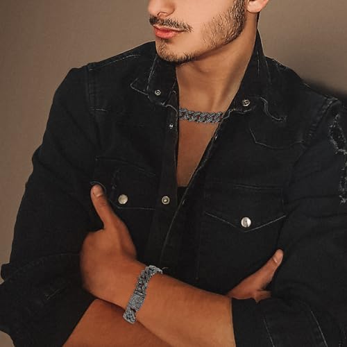 JUNVirtuous 2 Pieces Cuban Link Chain for Men Cuban Diamond Chain Necklace and Bracelet Iced Out Miami Cuban Hip Hop Jewelry3