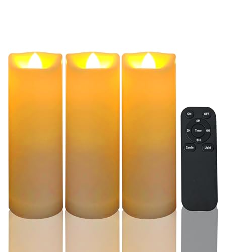 Image of Battery Operated Flameless LED Pillar Candle with Remote Cycling Timer, Realistic Plastic Electric Tall Flickering Light for Indoor Outdoor Bookshelf Dinner Party Centerpiece Fireplace Decor Pack of 3