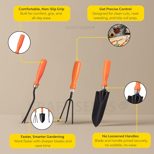 Image of Kraft Seeds Garden Tool Set of 3 Pcs - Home Tools & Gardening Tools Kit for Home Garden- (Big Trowel, Cultivator, Weeder) - Terrace Gardening Accessories, Gardening Essentials, Garden Tools Heavy Duty