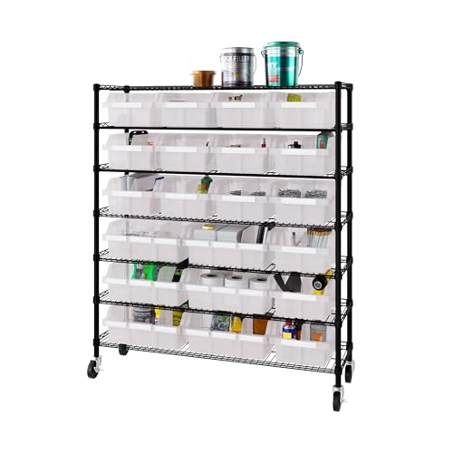 Image of 7-Tier NSF 21-Bin Steel Wire Shelving Rack, 48 inchW x 14 inchD x 56 inchH, Black | 21 slide-out bins with tilt-lock design keep supplies organized and accessible