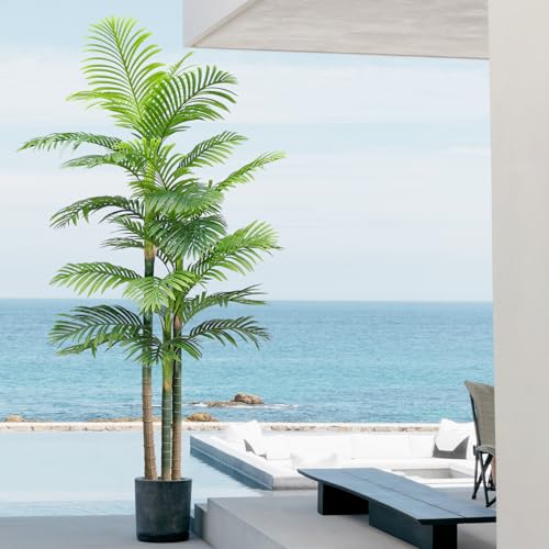 8FT Tall Artificial Golden Cane Palm Tree - Green Large Tropical Fake Palm Tree in Pot for Indoor/Outdoor, Patio, Pool, Big House, Office, Backyard, Home Decor