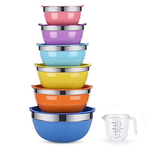 WEIYUDANG Mixing Bowls, 6 piece Salad Bowl Stainless Steel Basin Metal Bowls Set With Colorful Lids - Set Includes 2, 2.5, 3, 4, 5.5, 7Quart, Measuring Cup as a Gift