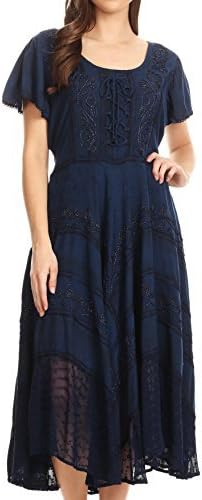 Sakkas Mila Long Corset Embroidered Cap Sleeve Dress with Adjustable Waist