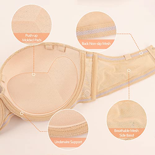 Crushnow Women's Strapless Push Up Convertible Bra Ultra Pads With Clear Straps Multiway Add 2 Cups Underwire Sexy Lace Bra,Beige, 38A #TOP4